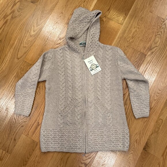 NWT Aran Crafts Irish-Knit Merino Wool Sweater, Full-Zip, Long, Beige - Picture 1 of 4
